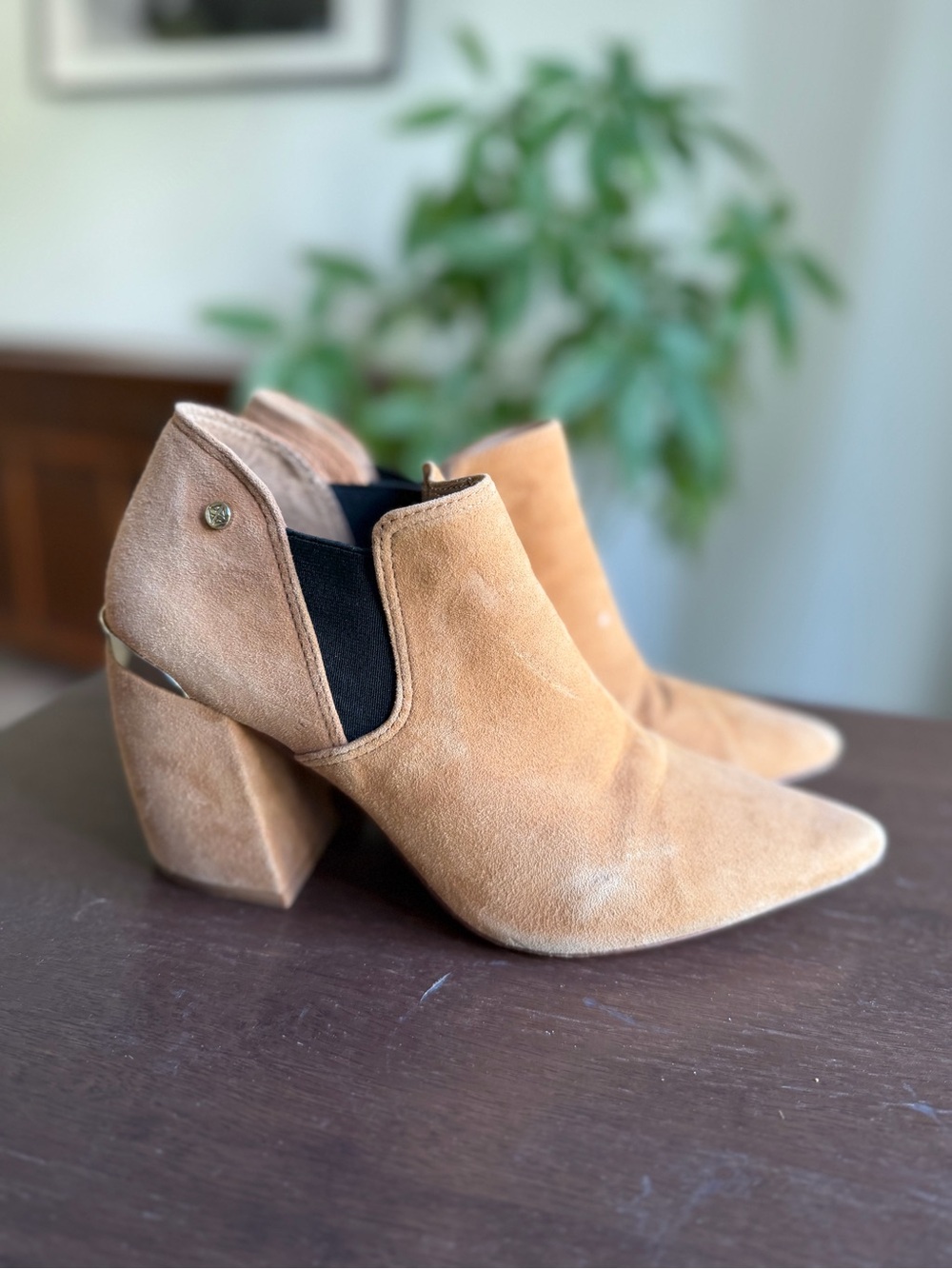 ANTONIO MELANI Tan Suede Pointed Ankle Booties